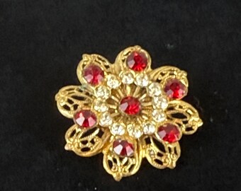 Vintage Red Rhinestone Flower Brooch, Gold Tone Filigree, 1960s Sparkling Floral Pin