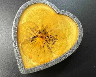 Vintage Silver Pewter Heart Shape Pill Box W/Pressed dry Natural Flower