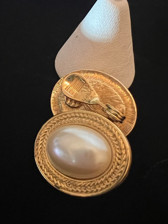 Monet Faux Pearl Oval Gold Tone Clip On Earrings 1