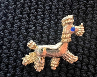 Vintage Gold Tone Poodle Blue Rhinestone Eye Pin/Brooch