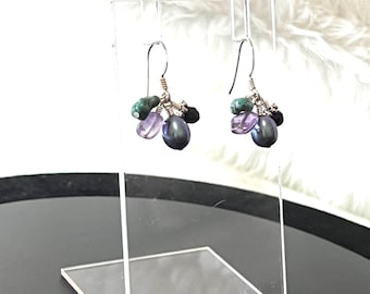 Cluster Of Stones With Real Culture Pearl Sterling Silver Pierced Earry