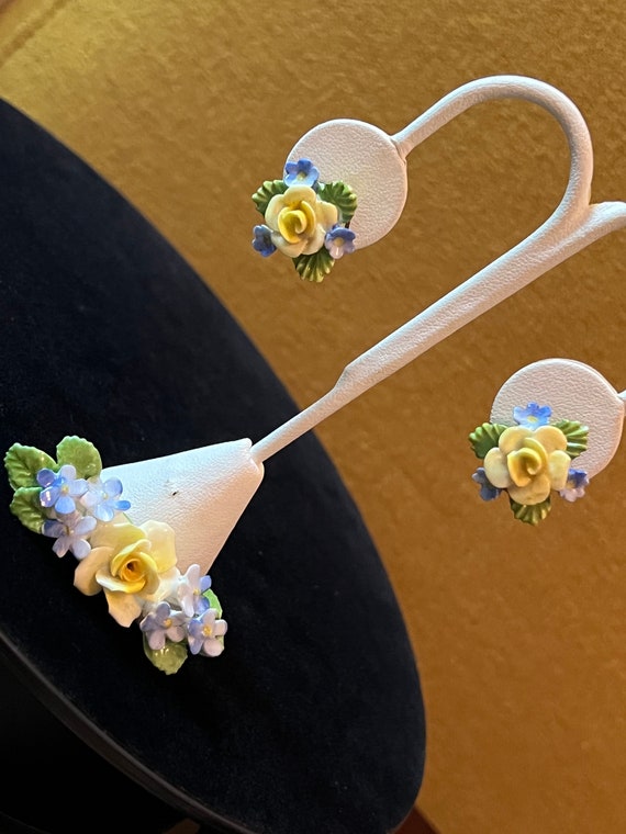 Vintage England Porcelain, Bone China Floral Brooch Earrings Set