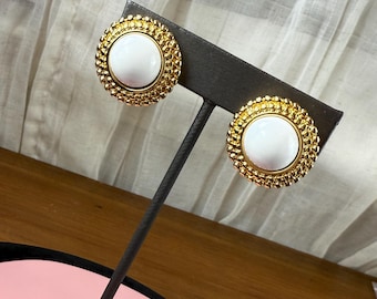 Monet Textured GoldTone White Round Cabochon Clip On Earrings