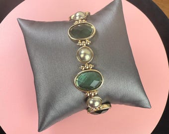 Monet Green Glass Stone Faux Pearl Gold Tone Bracelet
