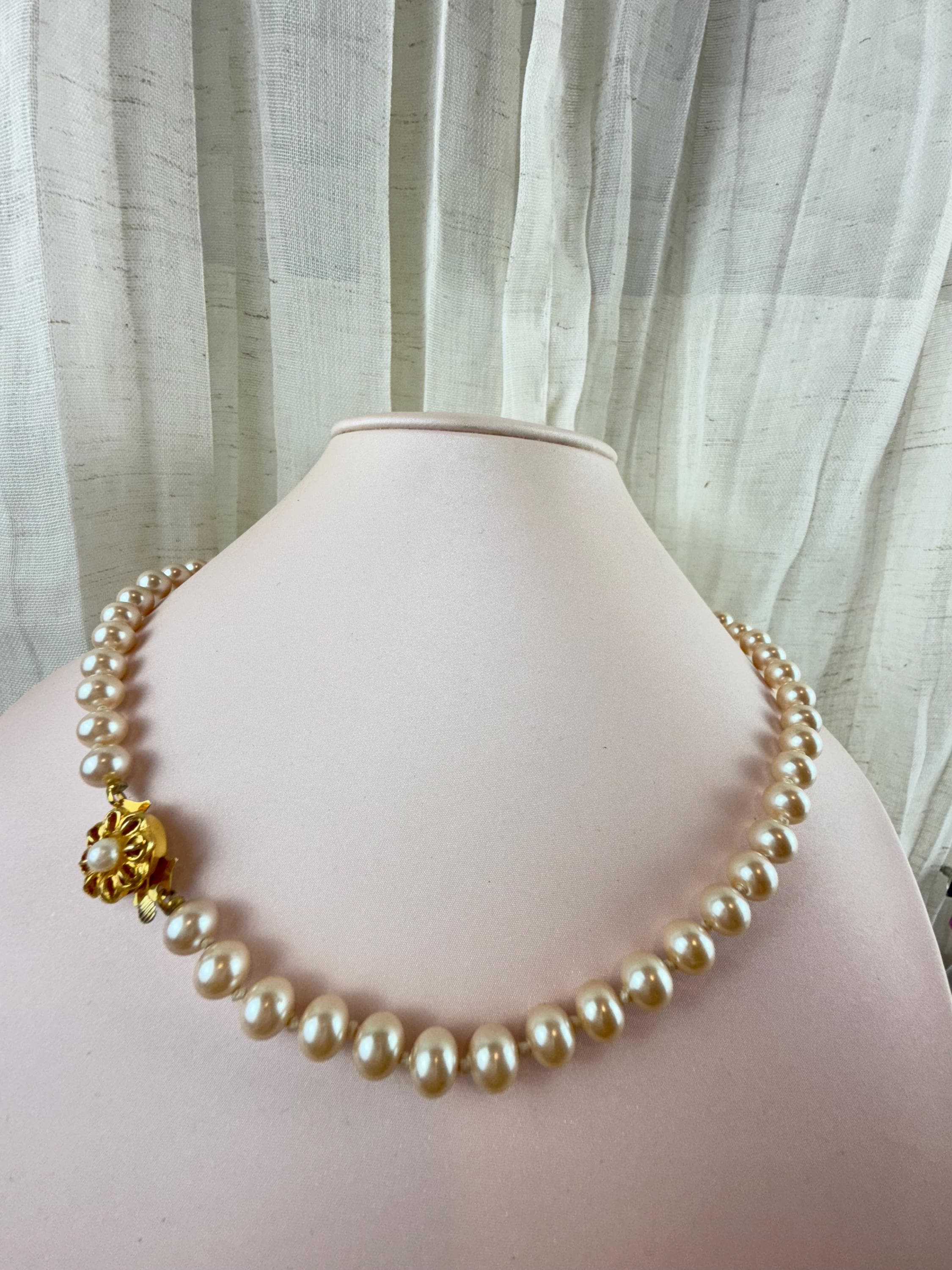 Vintage Japan Faux Pearl Necklace – Hand Knotted, 18” With Gold