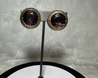 Vintage Amethyst Huge Glass Stone Gold Tone Textured Metal Very Bold Clip On Earrings