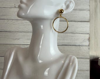 Vintage Monet Gold Tone Drop Hoop Earrings Minimalist Statement Jewelry