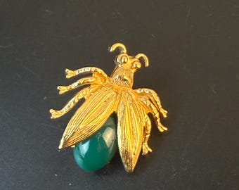 Vintage Gold Tone Bug Insect Tack Pin with Green Cabochon Stone – 1 1/4”