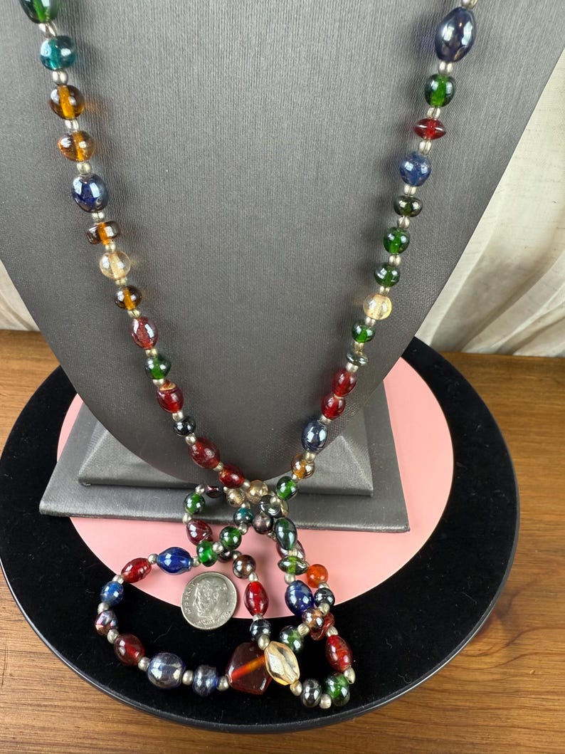 Vintage Multicolor Iridescent Glass Beaded Necklace-Art Glass Beads Long Necklace 1970s image 3