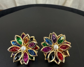 Vintage 1950s–60s Swarovski Crystal Rhinestone Flower Clip-On Earrings, Bezel Set Colorful Petals with Faux Pearl Center, Mid Century