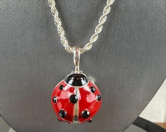 Sterling Silver Ladybug Pendant Brooch with Red Enamel, 20” Rope Chain