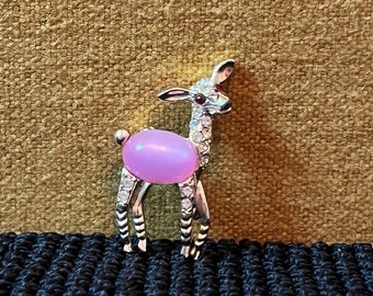 Vintage Silver Tone Clear Rhinestone Red Eye Pink Belly Baby Deer Reindeer Pin Brooch- Winter Jewelry Holiday