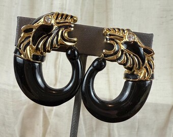 Vintage Les Bernard Tiger Earrings –Black Enamel – Thermoset Hoops  – 1980s Statement Jewelry