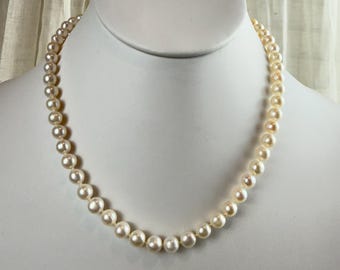 Vintage Genuine Pearl Necklace, Cream White Knotted Strand, Silver Tone Clasp