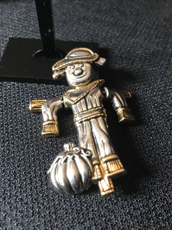 Vintage Scarecrow With Pumpkin Silver & Gold Tone 