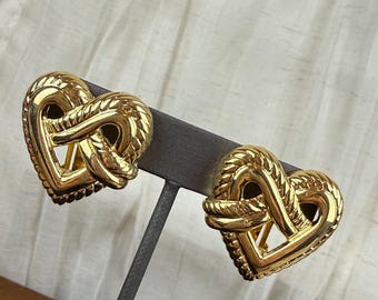 Vintage Premier Design Gold Tone Heart knot Clip Earrings Rope Detail