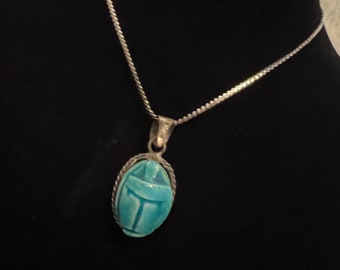 Vintage Sterling Silver Egyptian Revival Blue Scarab Pendant W/Sterling Silver Chain