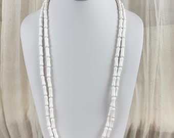 Vintage Crown Trifari White Lucite Necklace 60”, Long Strand Beads, Signed Tag
