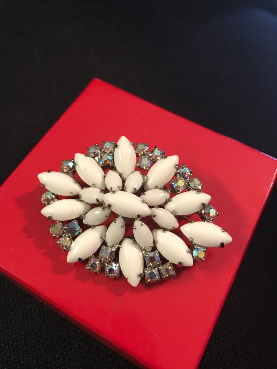 Vintage AB Rhinestone, Milk Glass Brooch /pi 1950s Etsy Australia