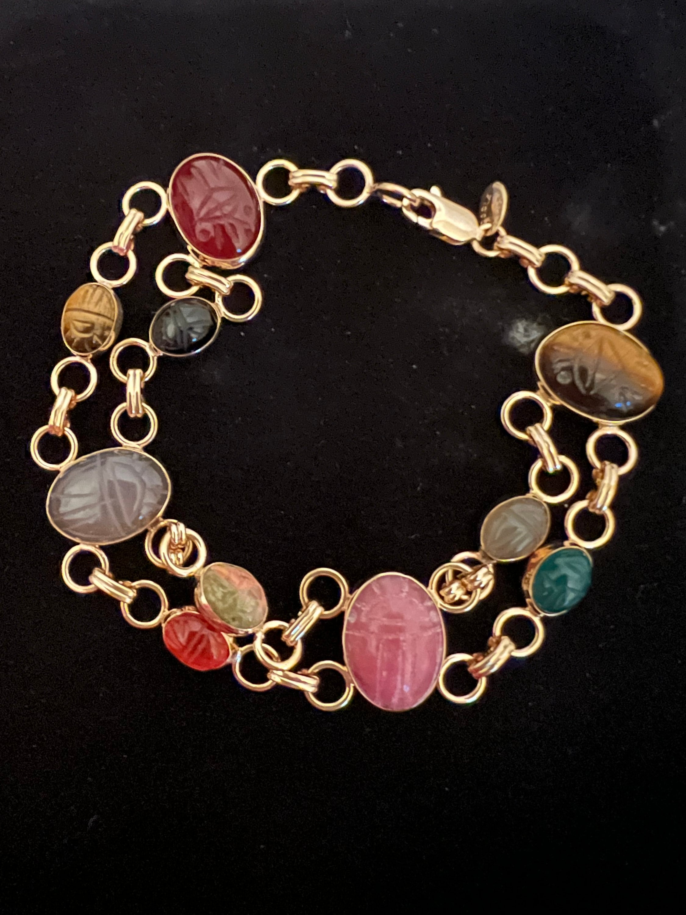Vintage Carla Signed 1/20 14k GF Scarab Stone Link Bracelet