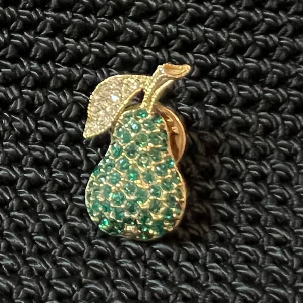 Vintage Ballou Reg’D Green & Clear Rhinestone Pear Tie Tack Pin- Tie Pin Green Pear-Crystal Pear Lapel Pin