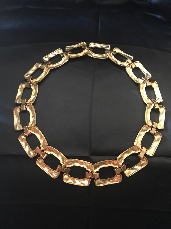 Vintage Hammered Square Link Necklace-Bold Gold T… - image 5