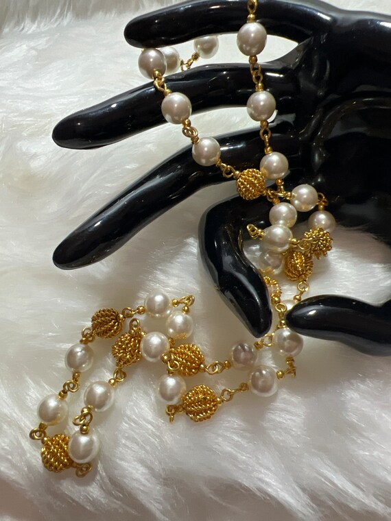 Napier Gold Tone Mesh Ball Faux Pearl Beaded Neckl