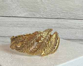Vintage Monet Rhinestone Leaf Hinged Bangle Bracelet Wide Gold Tone