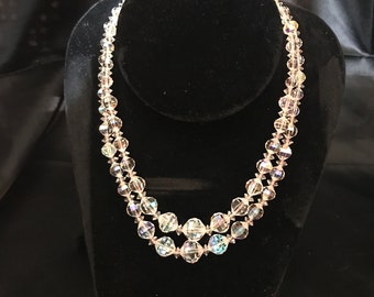 Vintage Laguna Double Strand Aurora Borealis Crystal Beads Choker Necklace Mid Century Jewelry 1950’s-60’s