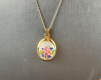 Vintage Guilloché Enamel Locket with Pink Roses on Sterling Vermeil Chain, 18” Oval Pendant 7/8”
