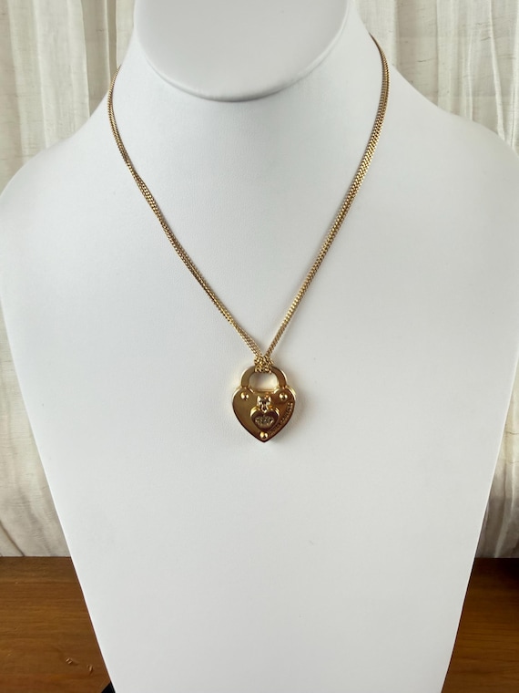 Juicy Couture Heart Lock Necklace Gold Tone Long Chain Rhinestone Heart Pendant