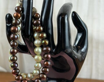 Double Strand Freshwater Pearl Bracelet – Brown & Light Green Pearls with Sterling Silver Clasp – Iridescent Overton