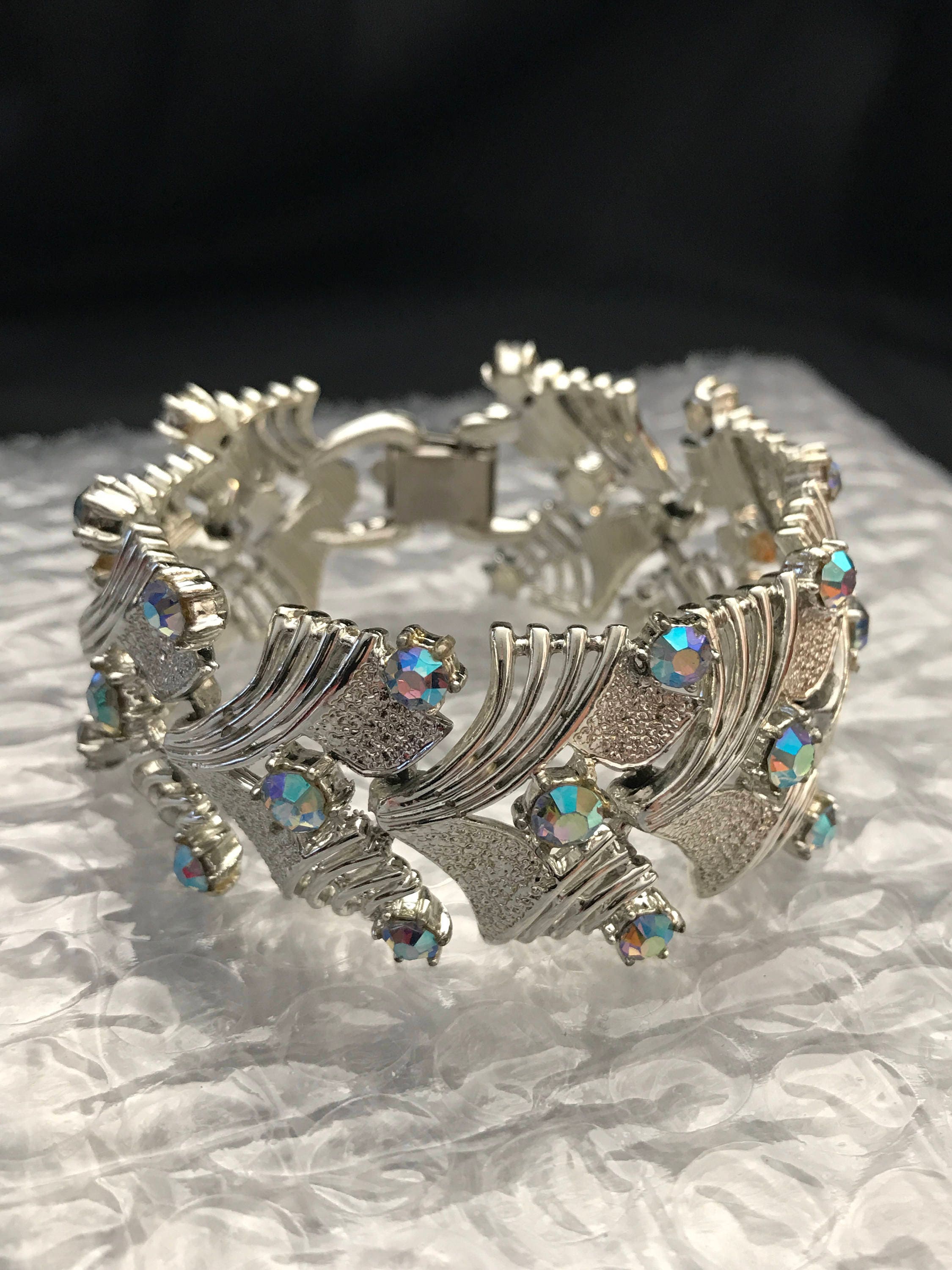 Pegasus Coro Silver Tone AB Rhinestone Wide Bracelet 1950's - Etsy