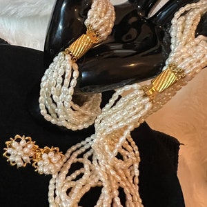 Vintage Multi Strand Rice Pearl Necklace, Bracelet & Earring-Set