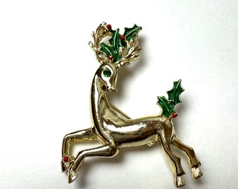 Vintage Gerry’s Gold Tone Reideer Enamel Rhinestone Brooch/Pin
