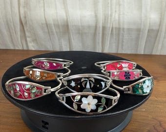 Vintage Mexican Alpaca Silver Inlay Bangle Bracelets Abalone Mother of Pearl Multiple Colors