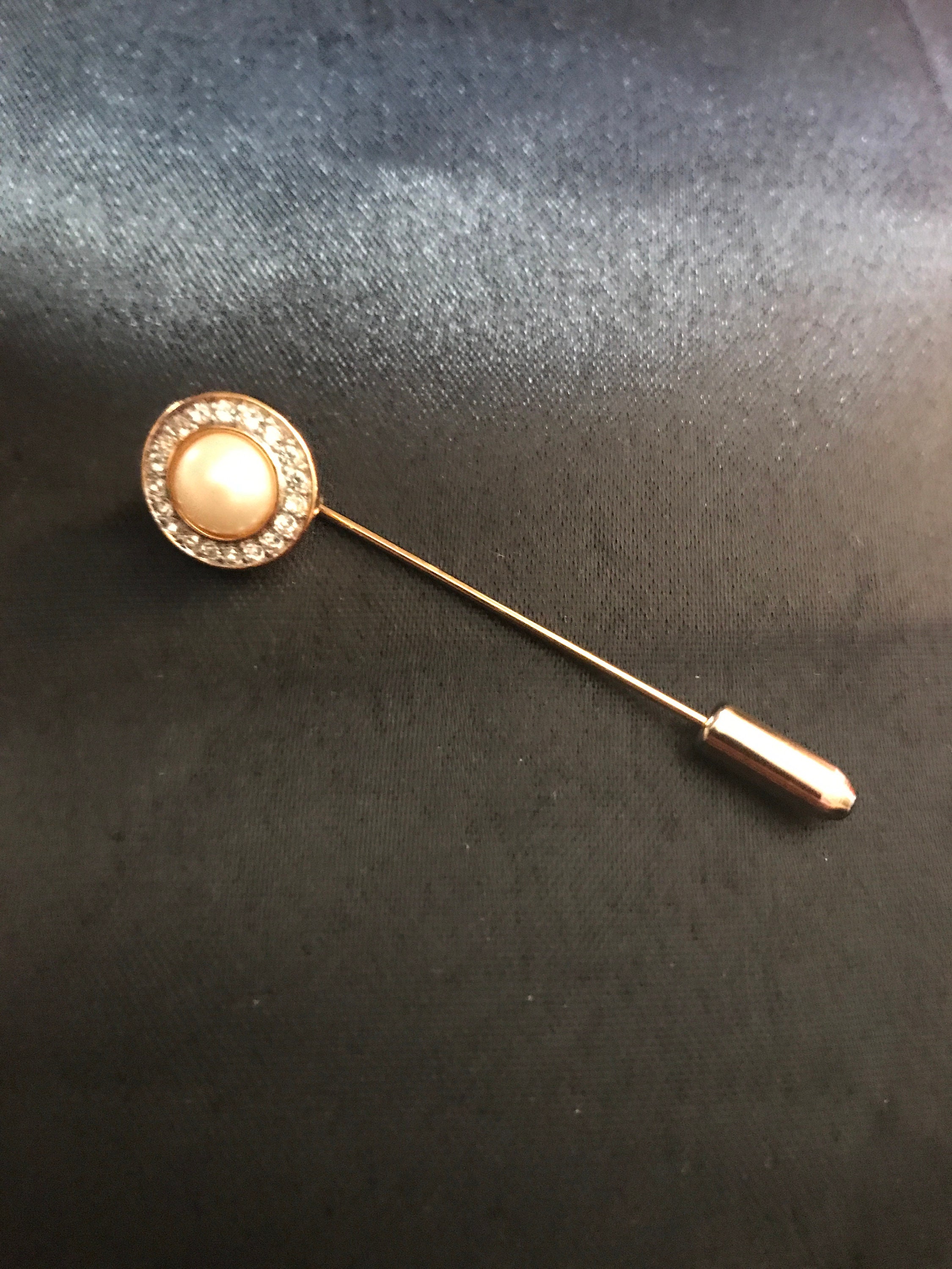 Vintage Crown Trifari Pearl Rhinestone Round Stick Pin Gold | Etsy