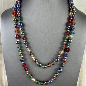 Vintage Multicolor Iridescent Glass Beaded Necklace-Art Glass Beads Long Necklace 1970s image 1