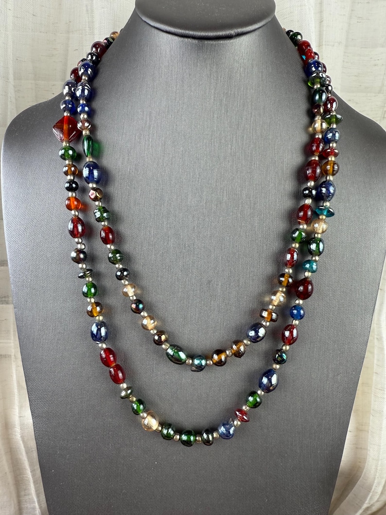 Vintage Multicolor Iridescent Glass Beaded Necklace-Art Glass Beads Long Necklace 1970s image 1