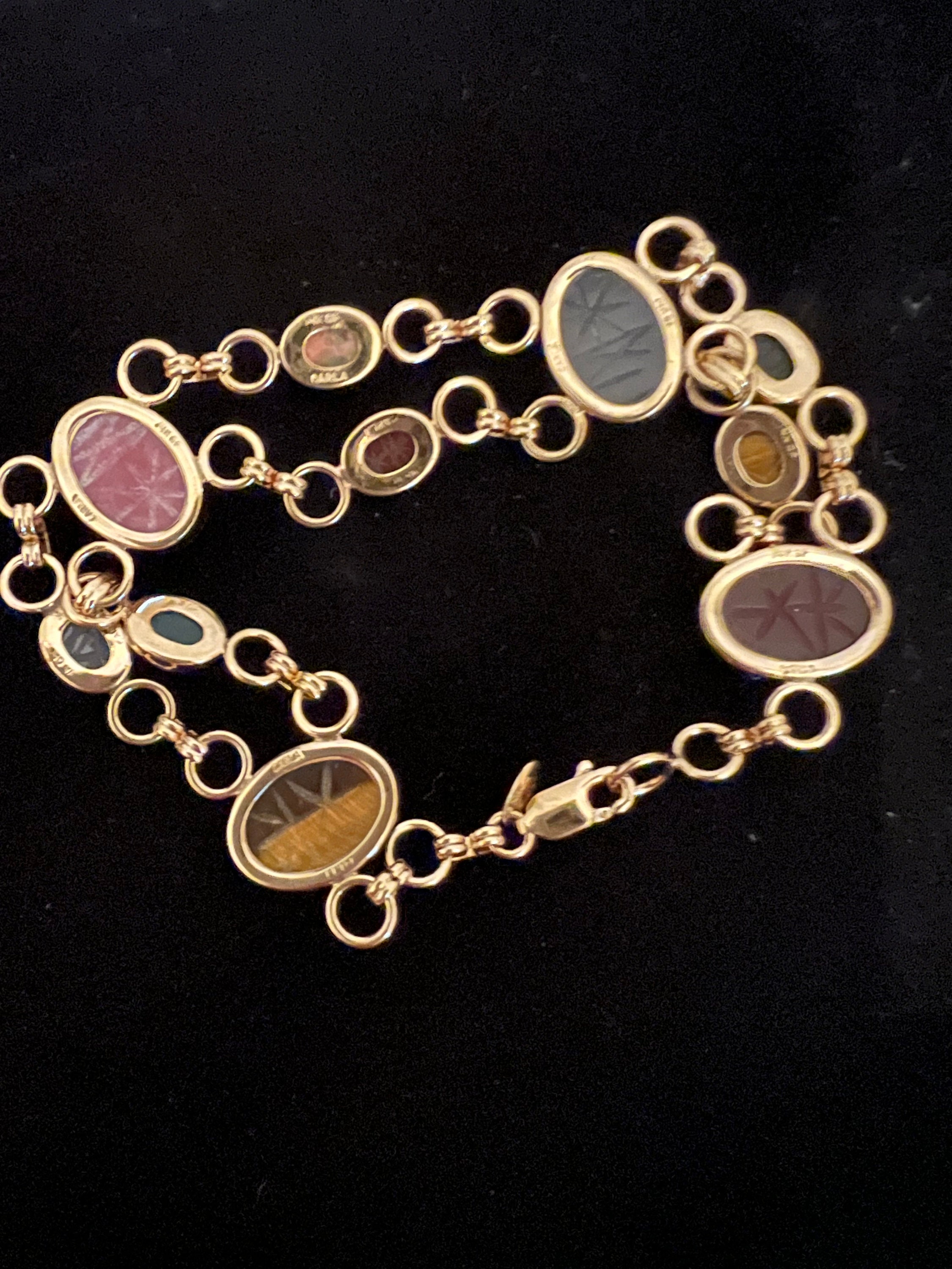 Vintage Carla Signed 1/20 14k GF Scarab Stone Link Bracelet
