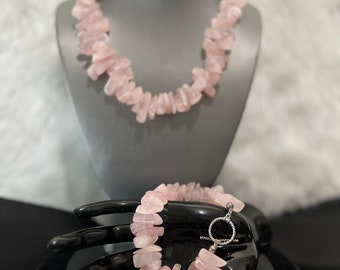 Vintage Healing Stone Rose Quartz Sterling Silver Necklace-Bracelet Set