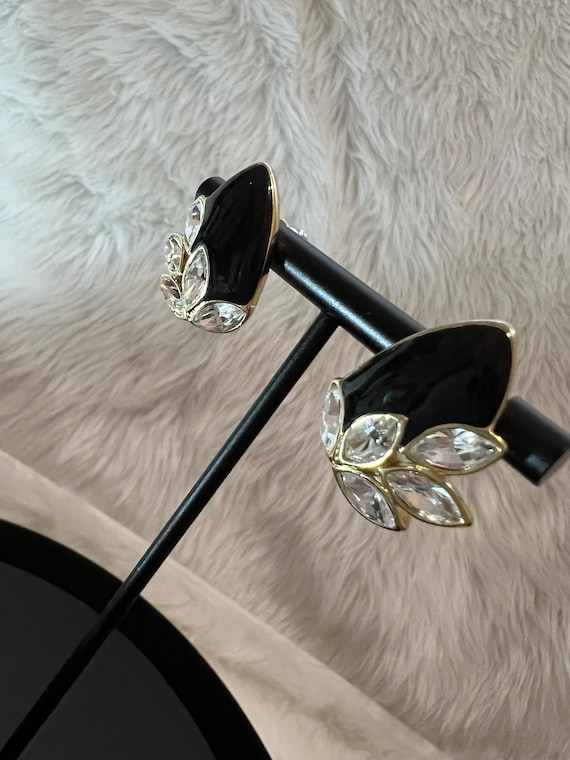 Trifari tm Black Enamel Rhinestone Post Earrings