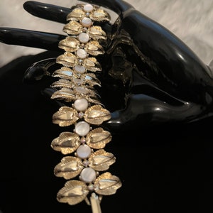 Vintage Mother Of Pearl With AB rhinestone Gold Tone Leaves Mid Century Bracelet