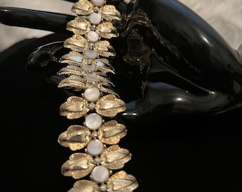 Vintage Mother Of Pearl With AB rhinestone Gold Tone Leaves Mid Century Bracelet