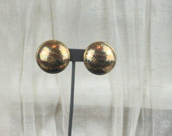 Vintage Copper Brass Basket Weave Design Clip On Earrings Large Round Mid Century 1.5”