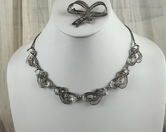 Art Deco Sterling Germany Filigree Ribbon Necklace & Matching Bow Brooch Parure Set