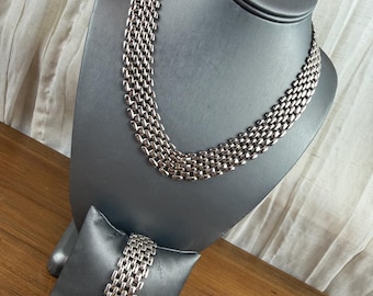 Vintage Silver Tone Panther Link Necklace Bracelet Set Chain Wide Statement 18 Inch
