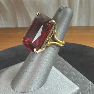 Vintage Red Glass Cocktail Ring Gold Tone Statement Large Stone Mid Century 1950s 1960s Bold Ring Size 5