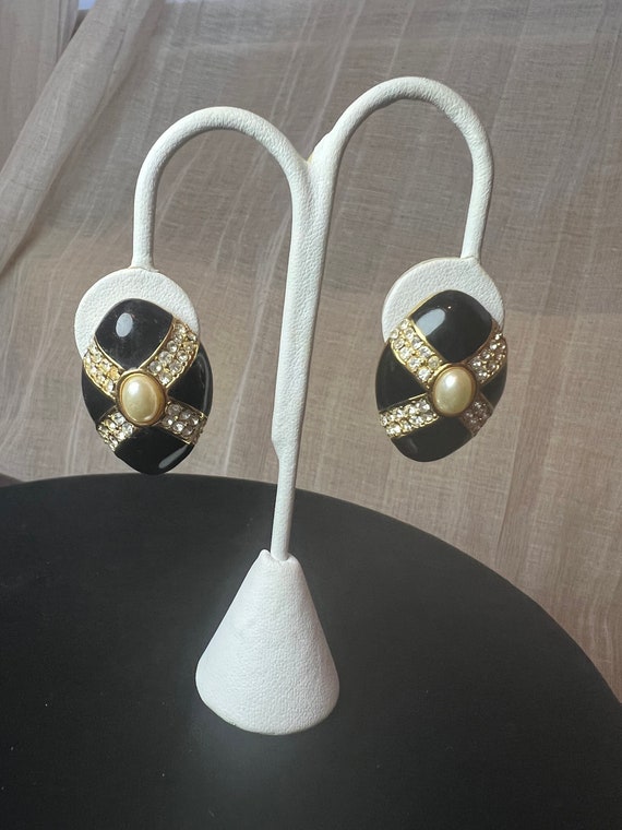 Vintage KJL Faux Pearl CabochonBlack Enamel & Rhi… - image 1