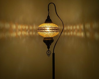 Standing Floor Lamp 61" Height, Turkish Lamp Bedside Lamp, 11" Large Brownie Gold Glass Mosaic Globe - Free Fast Shipping
